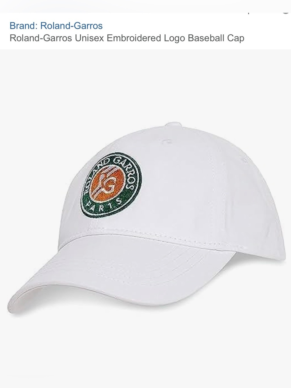 Roland White Baseball Cap with Roland Garros Patch. Unisex